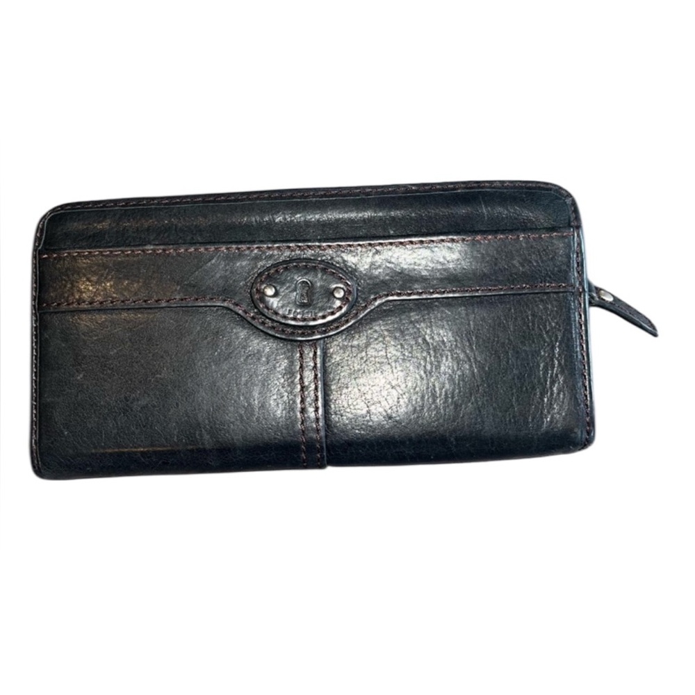 Fossil Black‎ Leather Wallet – Top Zip Organizer